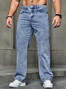 Manfinity Homme Men Light Blue Frayed Floral Embroidered Wide Leg Jeans