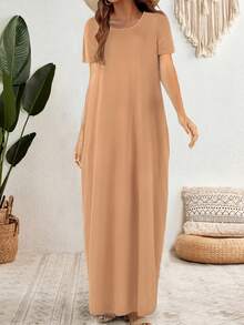 Vestido de mujer de unicolor de manga corta - Albaricoque - Ver 3