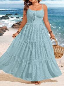 Flirla 大尺碼女士提花沙灘度假連身裙 - 淺藍色 - 查看 5