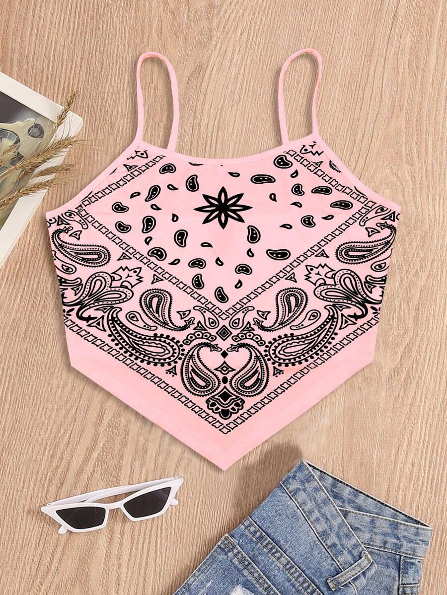Breezaya Ladies Paisley Printed Hankerchief Hanky Hem Cami Top For Summer, Vacation - Pink - View 1