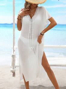 Breezaya Women Lace Splice Beach Vacation Solid See-Through Dress With Side Slit