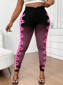 Flirla Digital Printed Plus Size Graphic Print Sports Leggings - Hot Pink - View 2