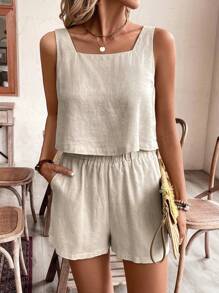 SHEIN Frenchy Set di canotta e pantaloncini, vestibilità morbida, set da vacanza, stile disinvolto e chic, set da due pezzi in tessuto misto lino, pantaloncini di lino da donna, abbigliamento di lino, pantaloncini kaki, outfit casual da donna per tè e feste - Cachi - Visualizzare 2