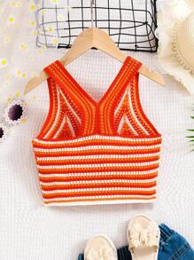 SHEIN Tween Girl Colorblock V Neck Summer Striped Sleeveless Sweater