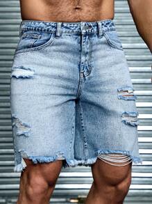 Manfinity Roughcore Men Light Blue Distressed Straight-Leg Denim Shorts - Light Wash - View 3
