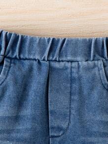 寶寶男童夏季純色圓領短袖休閒T恤和破洞牛仔褲休閒套裝 - 白色 - 查看 5