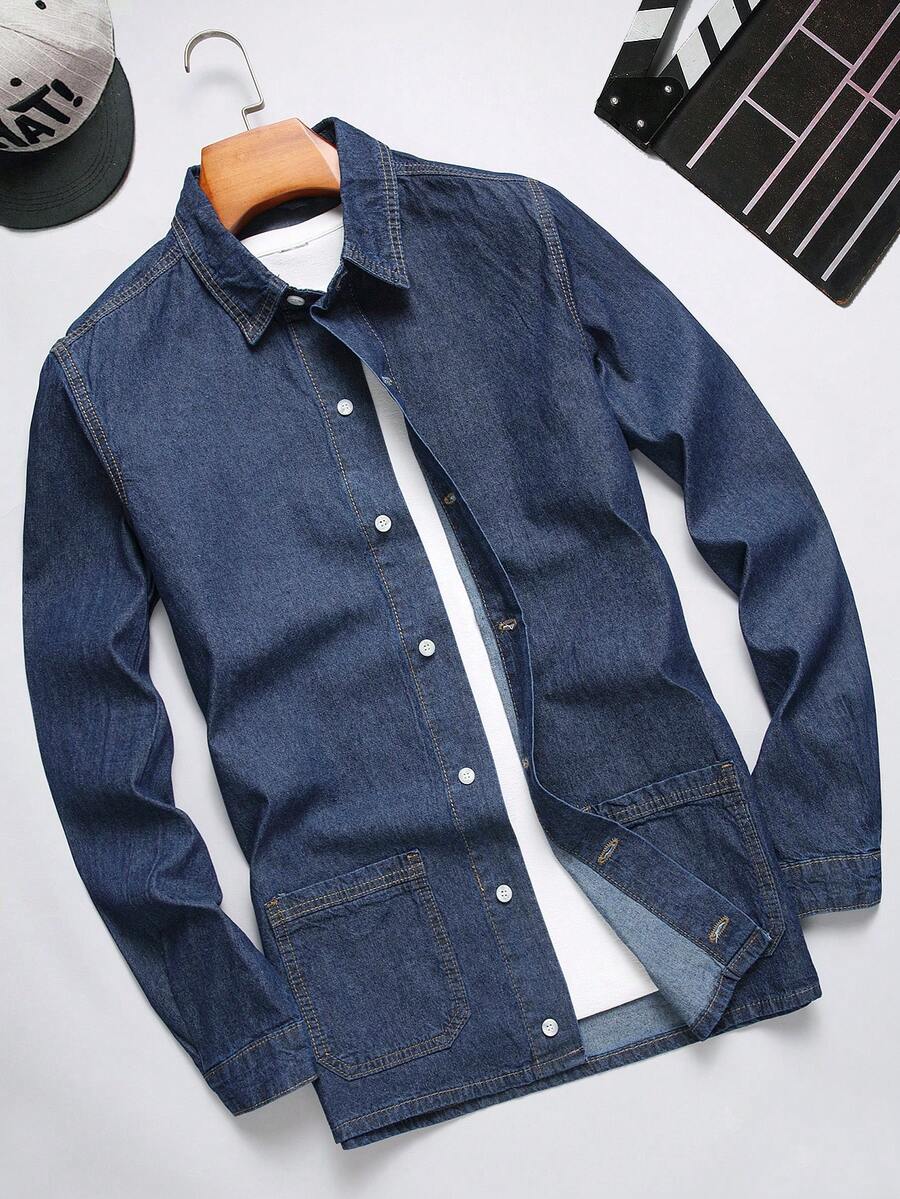 Manfinity Homme Chemise en denim à manches longues pour homme avec col à revers unicolore et boutons avant - Jean bleu - Voir 1