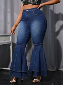 SHEIN ג'ינס ג'ינס אקסטרה פלוס סייז ארוך במיוחד כפול שכבה מכנסיים מתרחבים - כהה שטוף - ראה 4