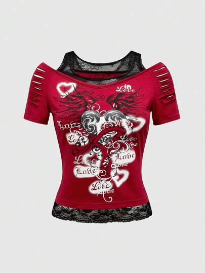 Goth Plus Size Women's Summer Heart & Letter Print Hollow Contrast Lace Open Shoulder Short Sleeve T-Shirt