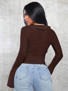 SHEIN SXY Spring/Summer Sexy Plain Mesh Top With Ruffle Hem And Tie Shoulder Straps - Chocolate Brown - View 2