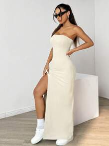 SHEIN EZwear Đầm Bodycon xẻ đùi màu trơn cho nữ - Màu be - Xem 5