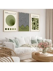 Conjunto de 3 posters abstractos de lienzo estilo Bauhaus en color verde salvia, sin enmarcar, arte de pared impermeable, pinturas de arte moderno para regalo, decoración de pared del dormitorio, sala de estar, oficina, comedor, baño, cafetería, bar, decoración del hogar y la oficina