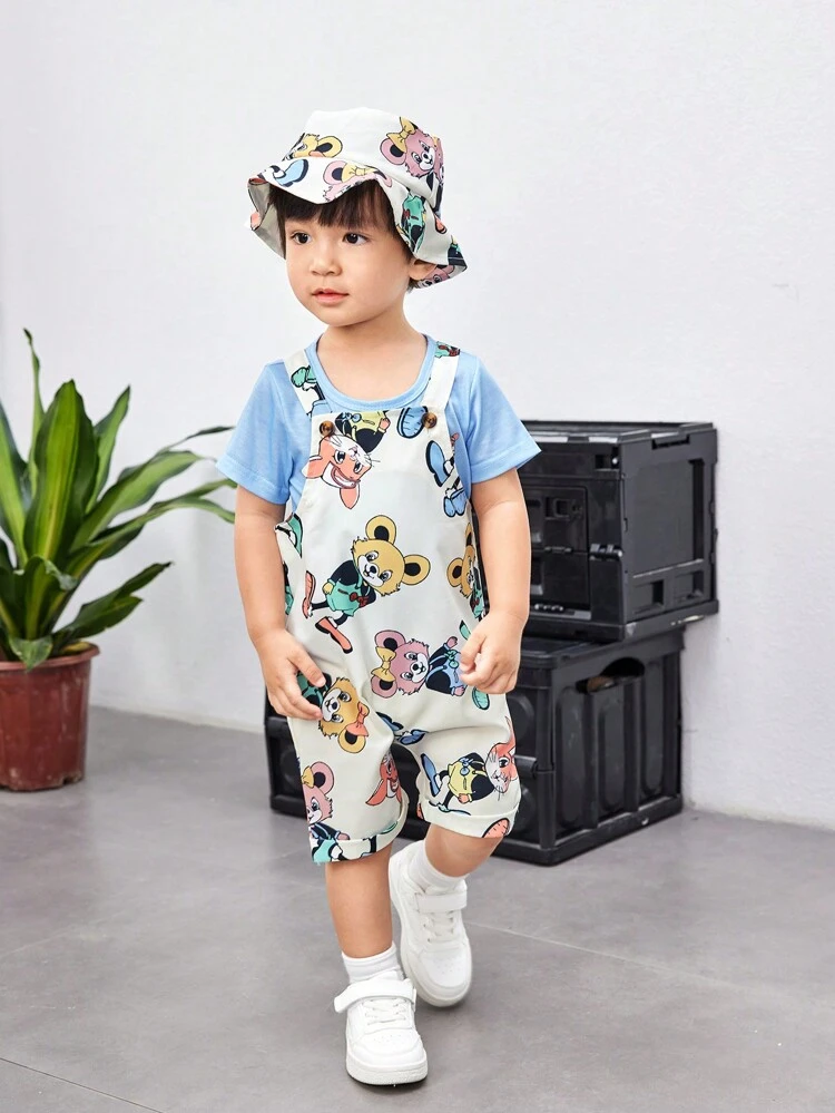 Baby Boy Spring Summer Casual Daily Wear T-Shirt With Cute Cartoon Pattern Overalls And Hat Set