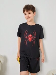 SHEIN 青少年男孩蜘蛛紋夏季休閒防火家居睡衣套裝 - 黑色 - 查看 6
