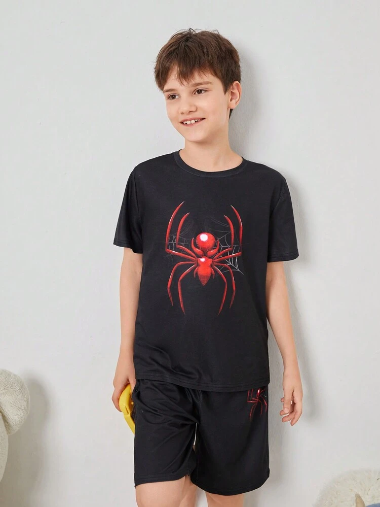 Tween Boys' Spider Patterned Summer Casual Flame Retardant Home Pajamas Set