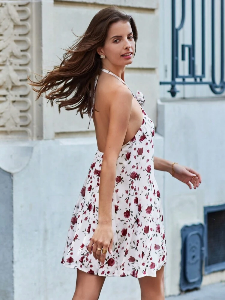 Excellent Minimalist Shap And Fashionable Summer Mini Floral 3D Flower Halter Backless Halter Dress, Summer Vacation Season, Summer Clothes, Comfy, Boho, Beach Women Outfits, Swimsuit Cover Up, Mother Day Dress, Mom, Fashion, Black Bow, Black Dress, Grad Dress, Elegant Teacher