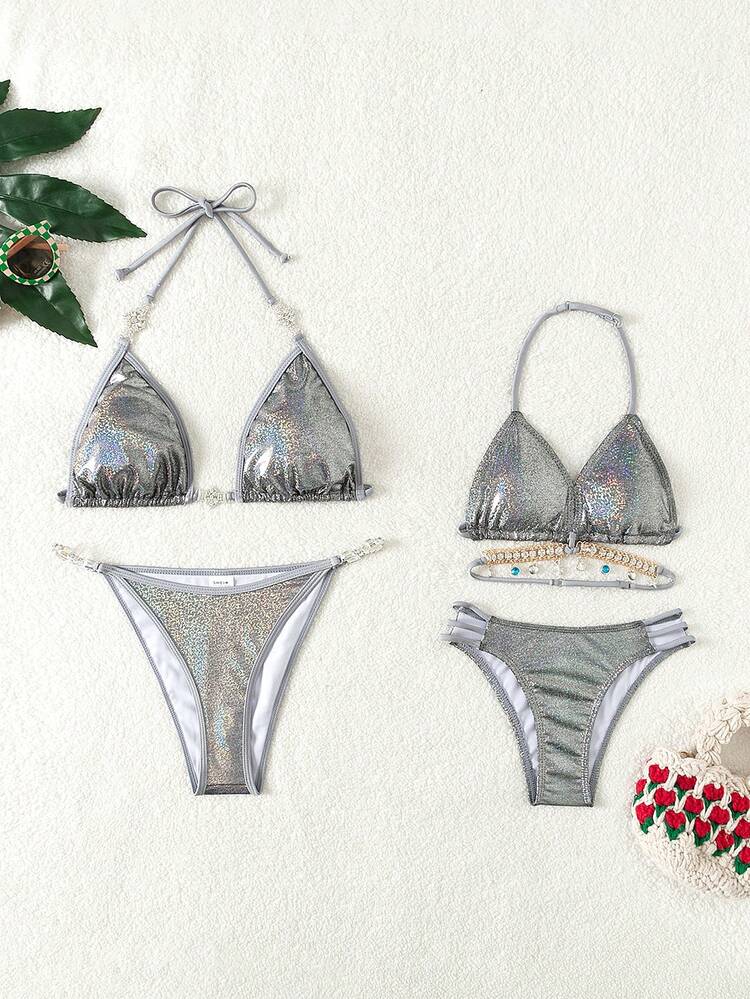 Sexy Bikini Set For Women, Fashionable Glittering Beachwear Bikini Set, Mommy And Me Matching Outfits (2 Sets Sold Separately) Summer Beach