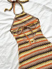 Soleia Holiday Halter Neck Backless Color-Block Texture Dress,Sun Dress