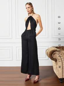 MISSGUIDED Cut Out Twist Halter Jumpsuit - Black - View 4