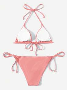 SHEIN Swim 女性夏季海灘時尚純色頸後比基尼套裝 - 藕粉色 - 查看 2
