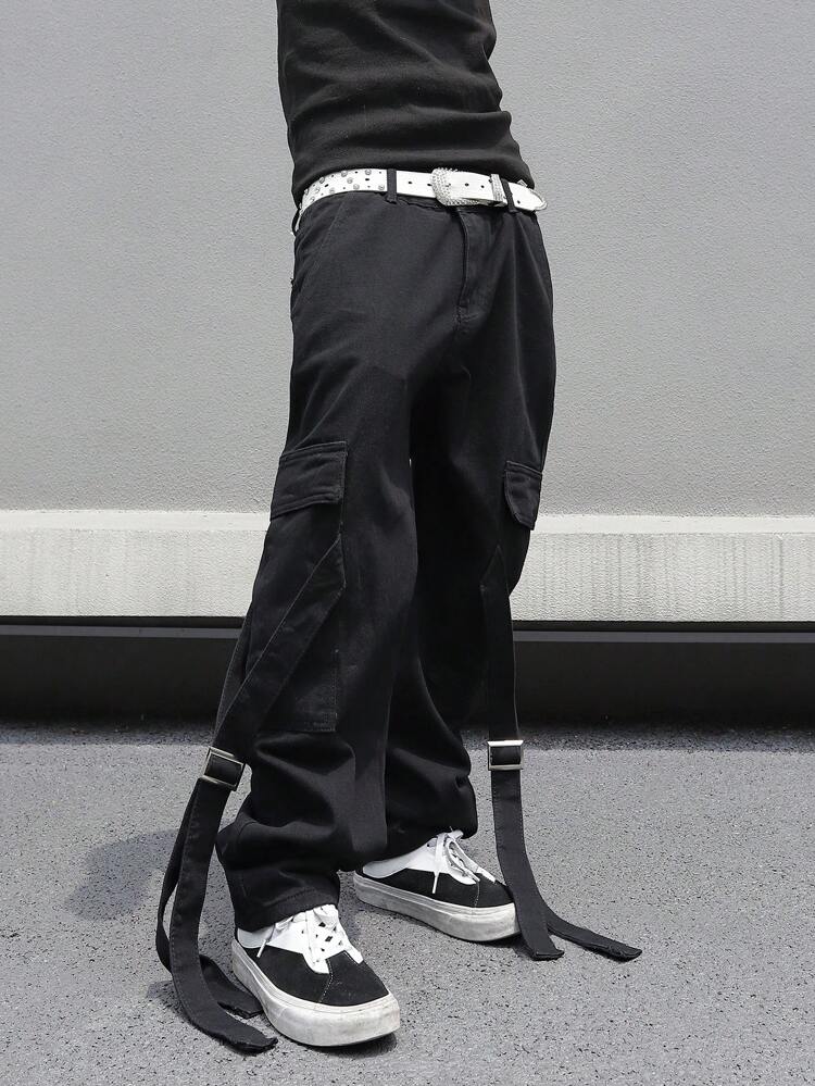 Men Metal Buckle Design Workwear Pockets Casual Straight Jeans