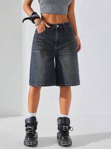 Coolane Wide Leg 5/4 Length Jeans For Summer, Vintage Wash Ripped Straight Denim Shorts - Dark Wash - View 6