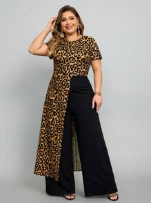 SHEIN Lady Plus Size Women Fashionable Leopard Print Short Sleeve Jumpsuit - Brown - View 5