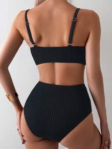 SHEIN Swim Women Simple Solid Textured Wireless Summer Beach Bikini Set - Black - View 2