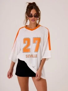 MUSERA Sport Slogan Contrast Stripe Jersey Oversized T-Shirt Vacation Spring Summer - White - View 1