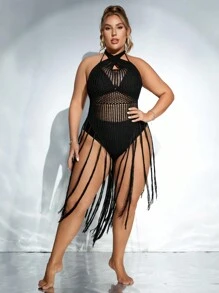 Swim EVENT Pareo de una pieza de talla grande para mujer, de unicolor y diseño calado, ideal para el verano - Negro - Ver 4