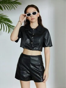 Teen Girl Black Short Sleeve Leather Jacket + Casual Leather Shorts Sibling Outfits Matching Outfits (3 Pieces Are Sold Separately)