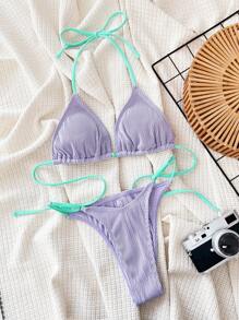 Swim SXY Women Summer Beach Fashionable Contrast Neon Trim Halter Neck Bikini Set