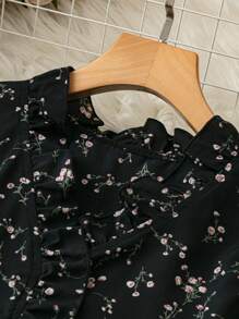 SHEIN LUNE Camisa suelta de verano para mujeres con cuello de pie adornado con volantes, estampado floral y mangas abullonadas con volantes