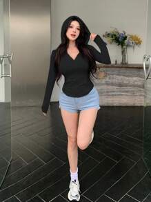 DAZY Women Fashion Solid Color Long Sleeve V-Neck T-Shirt,Long Sleeve Tops,Back To School Clothes Hoodie,Fall Women Clothes Sweatshirt Jacket