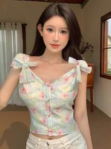 Dazy Designer 女士花卉裹背十字设计感上衣 巡航女士服装图案 T 恤，波西米亚风上衣 - 彩色 - 查看 3