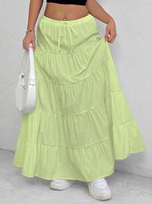 SHEIN Unity Gonna A Vita Alta Con Fronte Legato E Orlo A Sbuffi Per Donne - Verde - Visualizzare 3