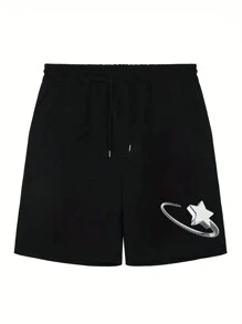 Shorts de sport décontractés pour hommes imprimé avec des étoiles et avec cordon de serrage pour le printemps/l'été - Noir - Voir 1