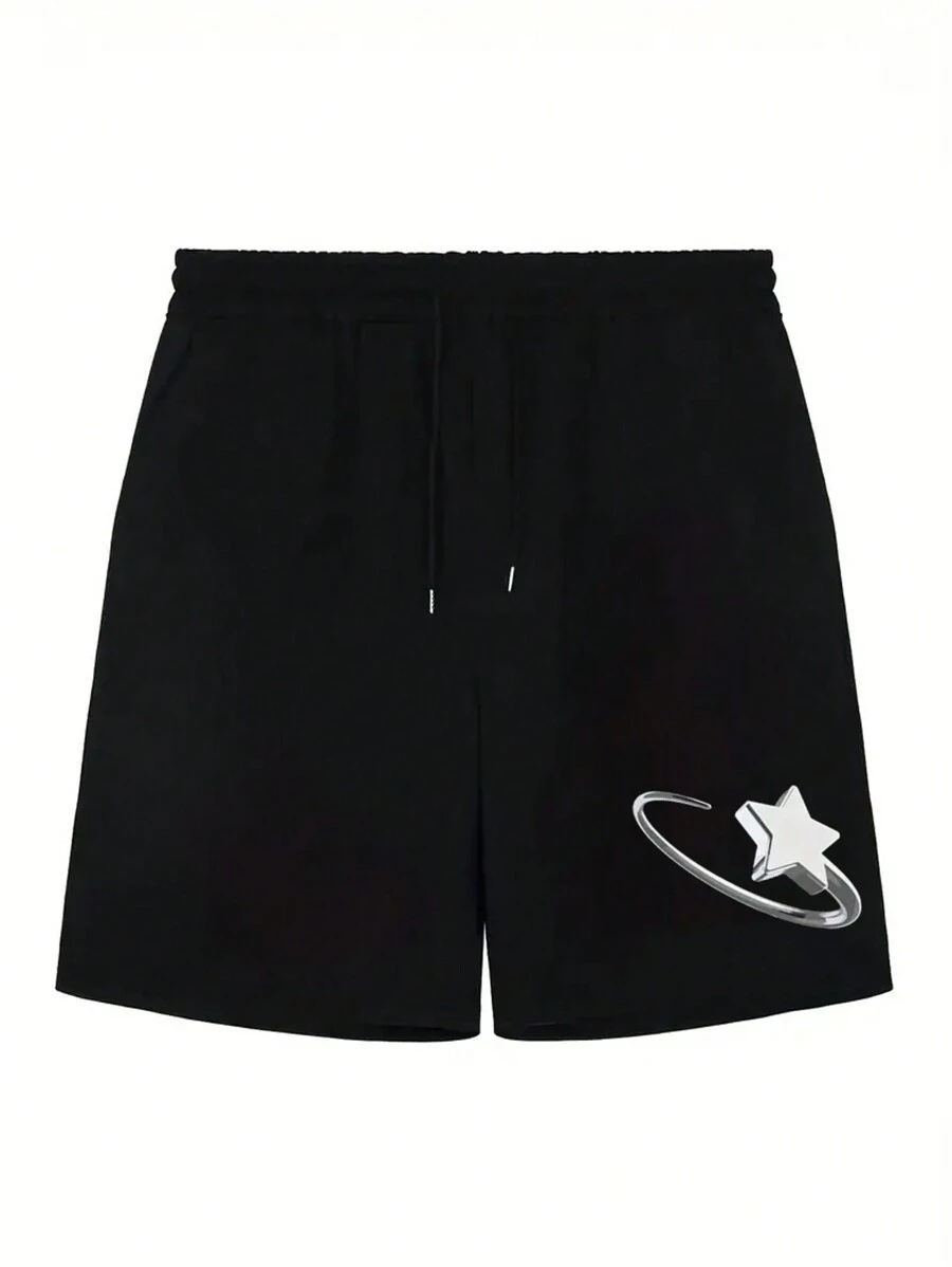 Shorts de sport décontractés pour hommes imprimé avec des étoiles et avec cordon de serrage pour le printemps/l'été - Noir - Voir 1