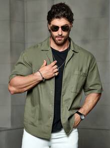 Manfinity Homme 男士綠色休閒短袖牛仔襯衫 - 軍綠色 - 查看 7