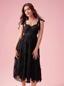 Enchnt Women Summer Elegant Spaghetti Strap Dress With 3D Floral Decoration, Mesh Contrast And Ruffled Hem
