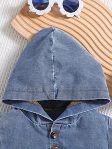 SHEIN Baby Boys Summer Stonewashed Flap Detail Half Button Hooded Short Sleeves Denim Top,Baby Boys Summer Top Outfits - Medium Wash - View 3