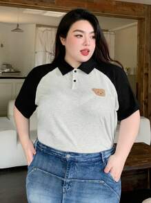 Dazy Plus Plus Size Color Block Embroidered Polo Collar Patchwork Loose Short Sleeve T-Shirt, For Summer