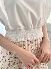 FRIFUL Versatile Simple Daily Cropped Cap Sleeve Shirt,Ruffle