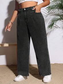 SHEIN VCAY Plus Size Vacation Leisure Water Wash Straight-Leg Jeans - Black - View 6