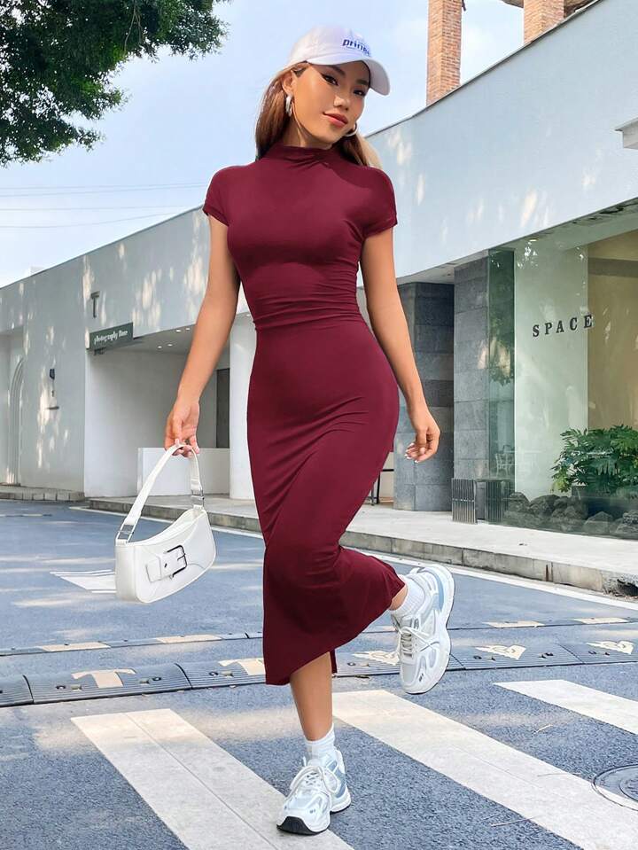 SHEIN EZwear Solid Mock Neck Bodycon Dress | SHEIN USA