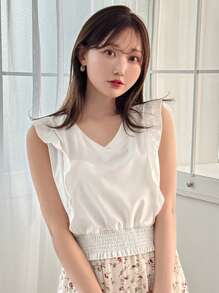 FRIFUL Versatile Simple Daily Cropped Cap Sleeve Shirt,Ruffle