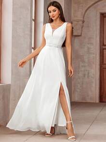 Deep V Neck Lace Bodice Sleeveless Chiffon Split Thigh Wedding Long Dress White Elegant Bridal Dress,Bride - White - View 4