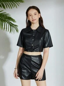 Teen Girl Black Short Sleeve Leather Jacket + Casual Leather Shorts Sibling Outfits Matching Outfits (3 Pieces Are Sold Separately)