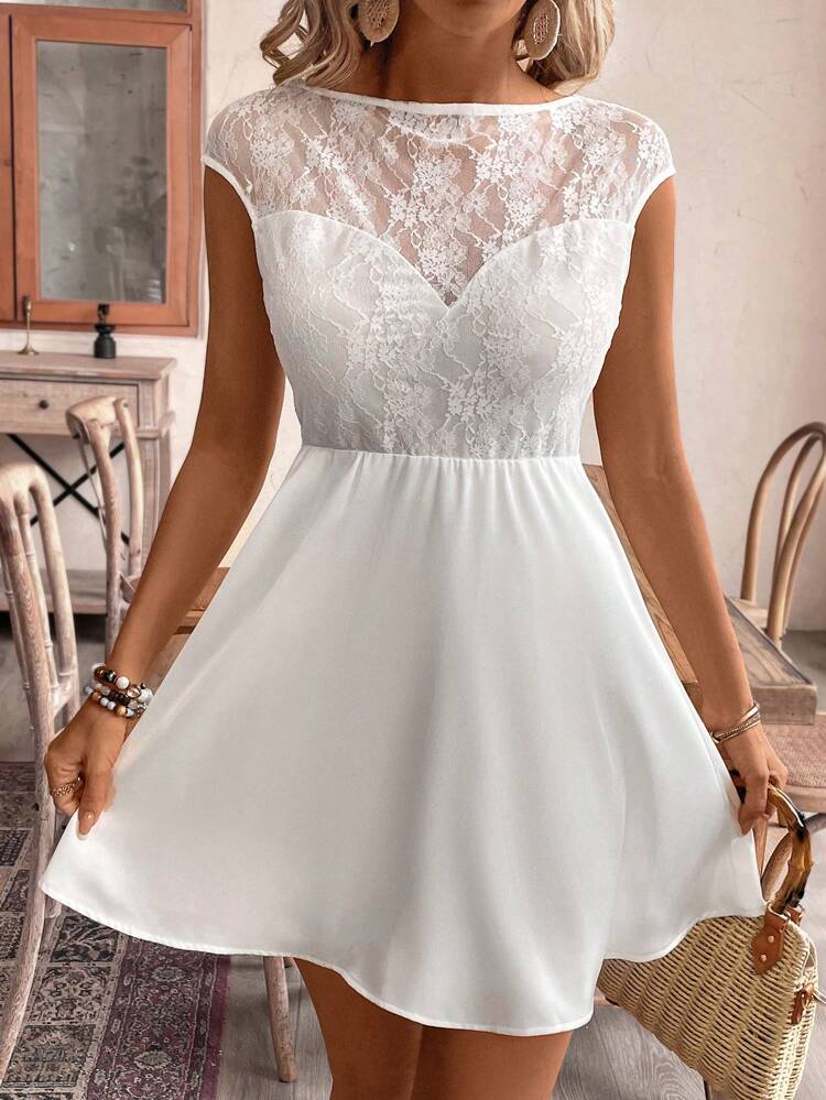 Ladies Summer Lace Patchwork Sleeveless Backless Round Neck Short Elegant Dress, Summer White Sundress, Elegant Mini Dress New Year Party