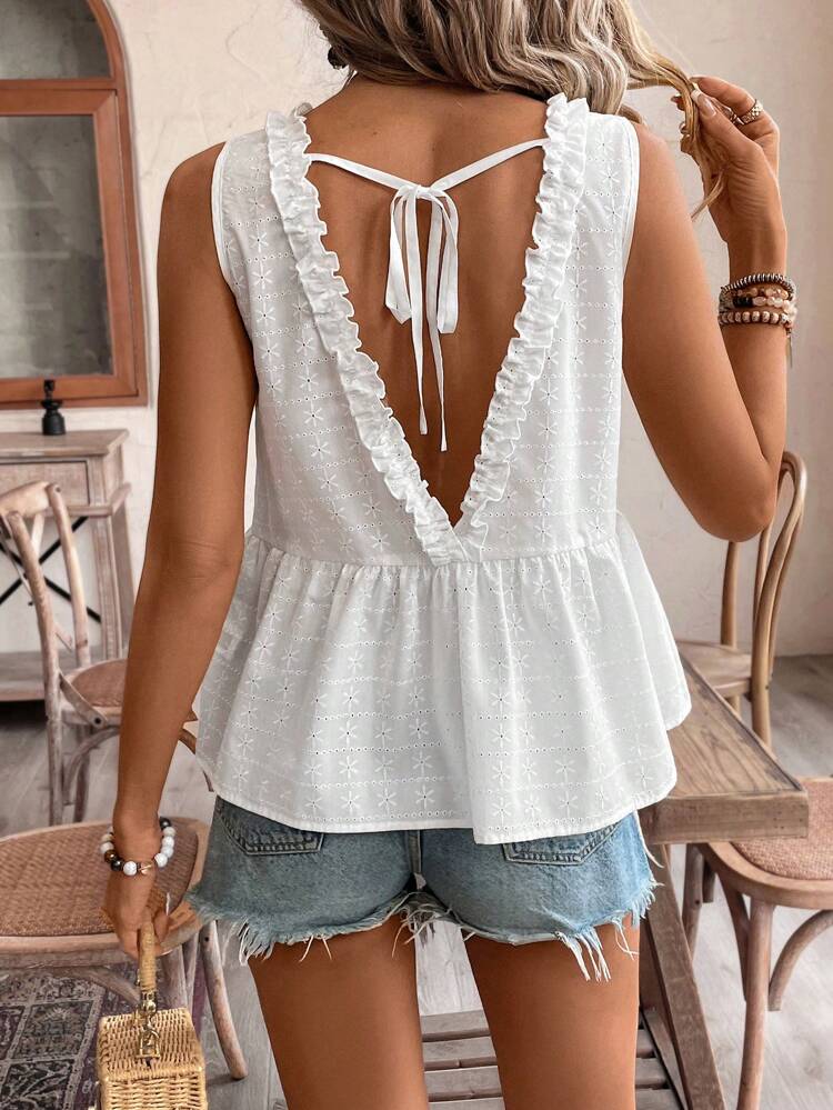 Women Vacation Casual Solid Color Hollow Out Embroidered Tie Backless Sleeveless Blouse Summer White